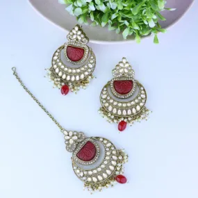 Gold Plated Traditional Pearl Hanging Kundan Stone Chandbali Earring With Maang Tikka For Women/Girls