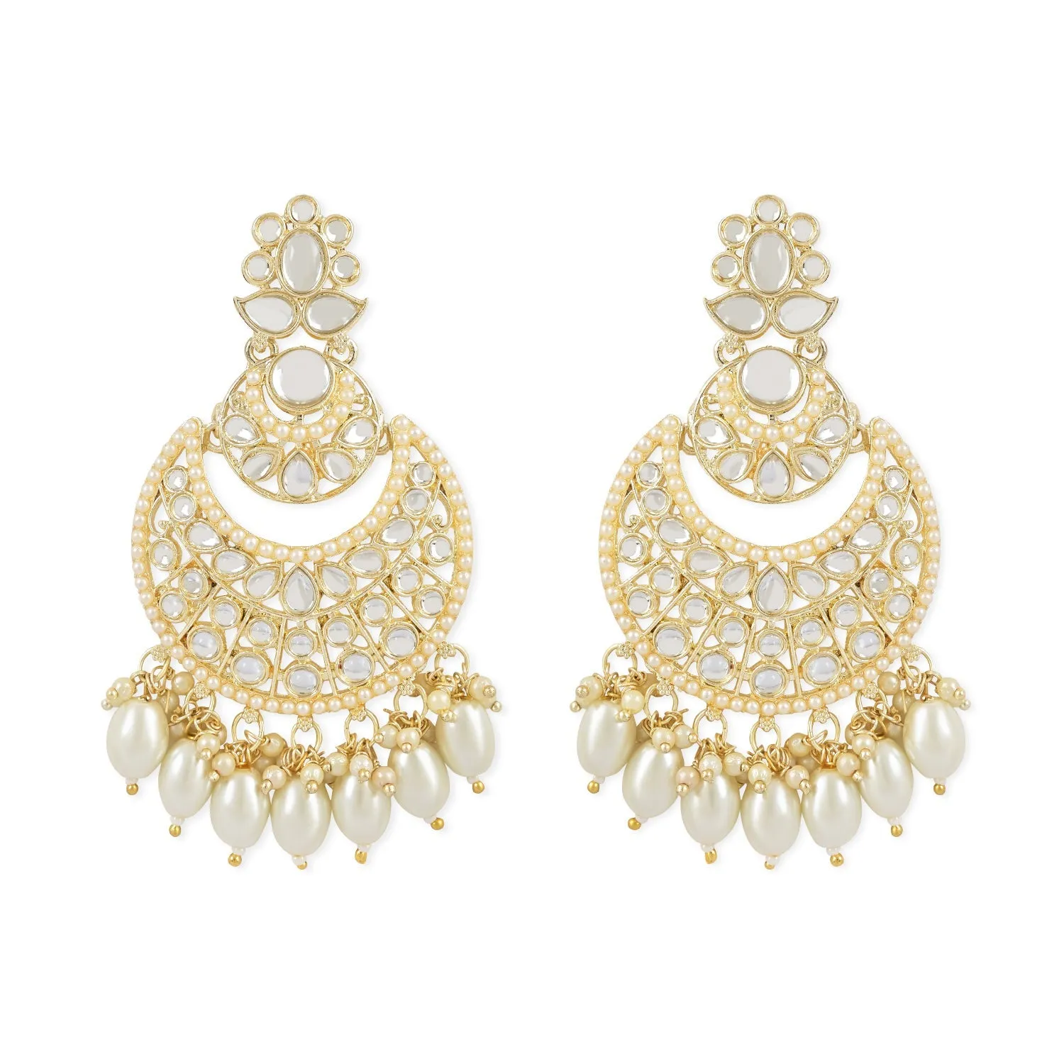 18K Gold Plated Traditional Handcrafted Pearl Kundan Beaded Chandbali Earrings for Women/Girls