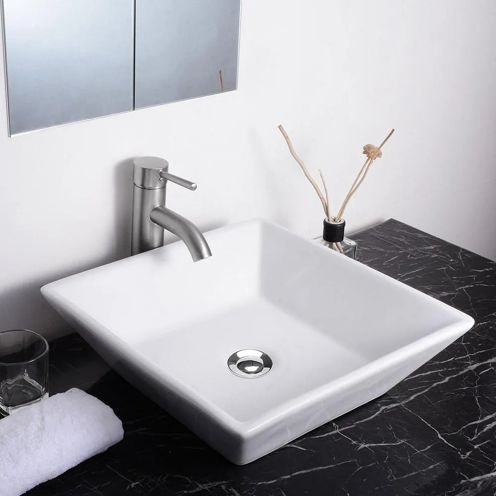 Aquaterior 16 Square Porcelain Sink Vanity Vessel & Drain