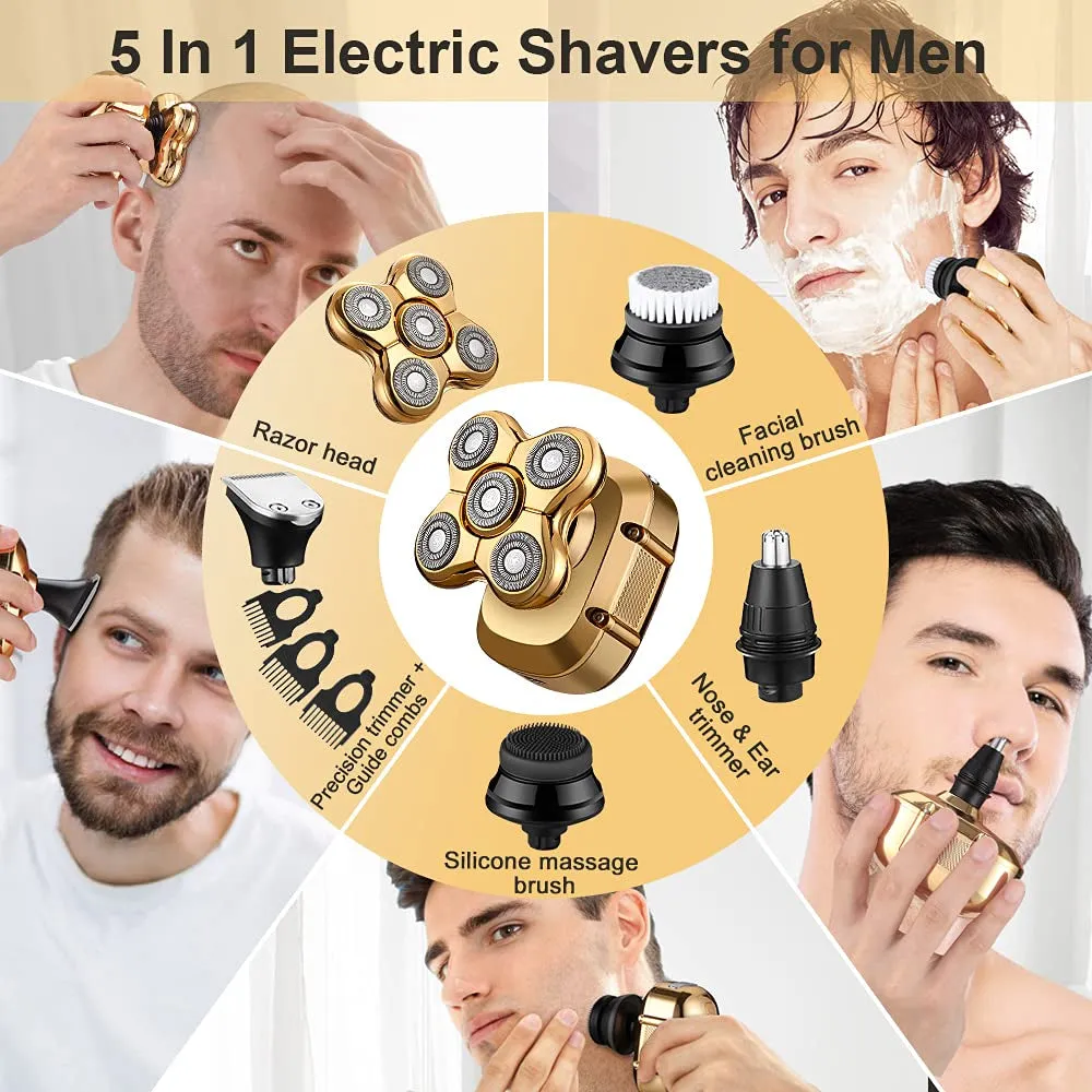 Bald Head Shaver for Men, 5 in 1 Electric Razors for Men, Electric Head Razor Shaver for Men Bald Head, Grooming Head Shaver, Gold Shaver