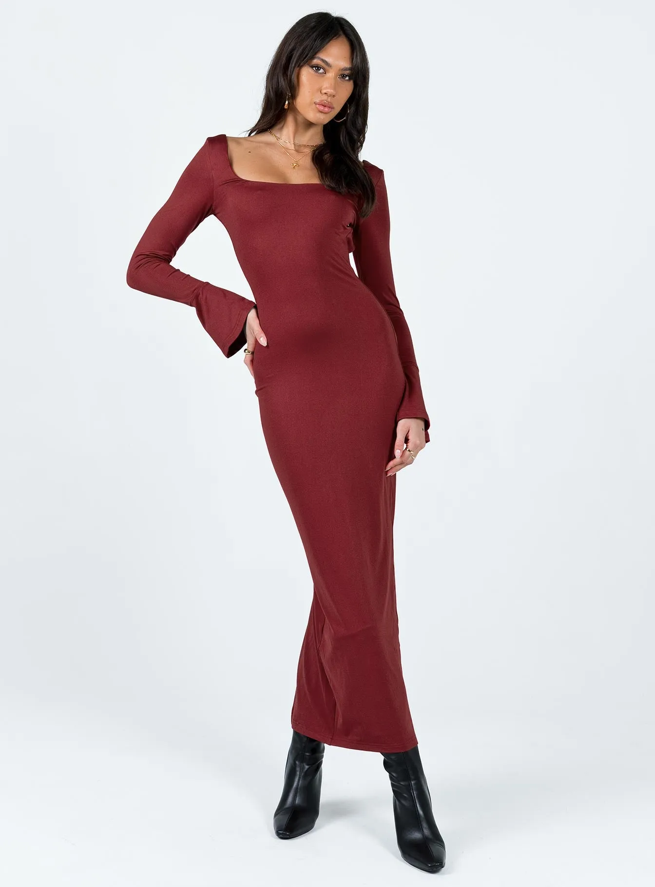 Belfa Long Sleeve Maxi Dress Burgundy