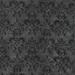 Black Cat Capers - Damask Black Gray Yardage