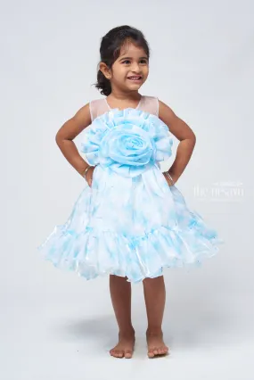 Chic Blue Organza Party Dress: Designer Floral Bow & Flared Style for Girls