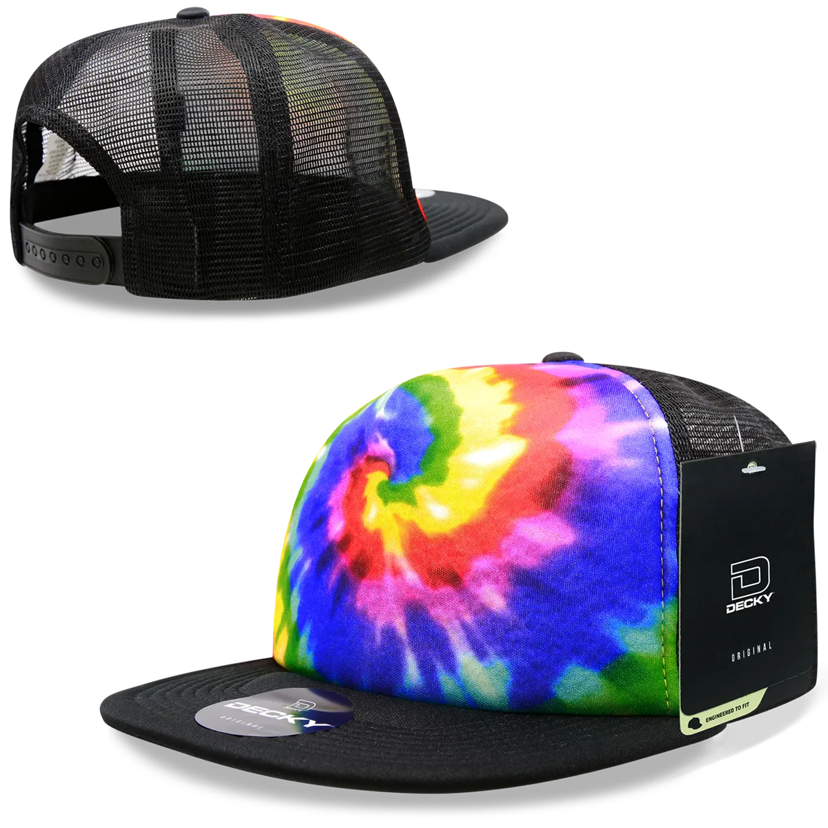 Decky 1079 5 Panel Tie Dye Trucker Hat, Tiedye Flat Bill Hat, Snapback