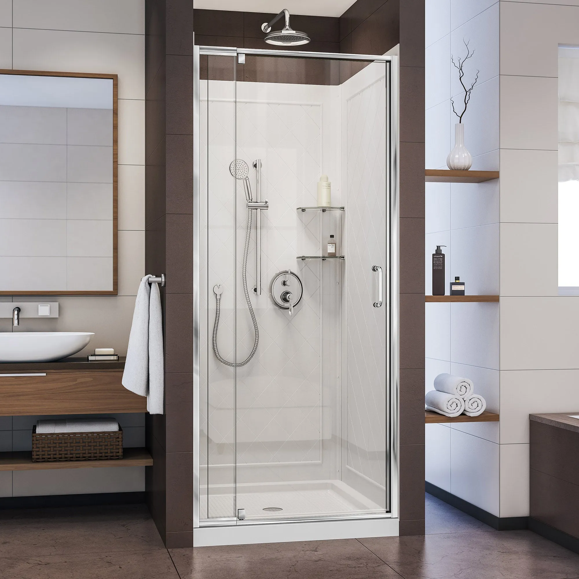 DreamLine Flex 36 in. D x 36 in. W x 76 3/4 in. H Semi-Frameless Pivot Shower DoorSlimLine Shower Base and Backwall Kit