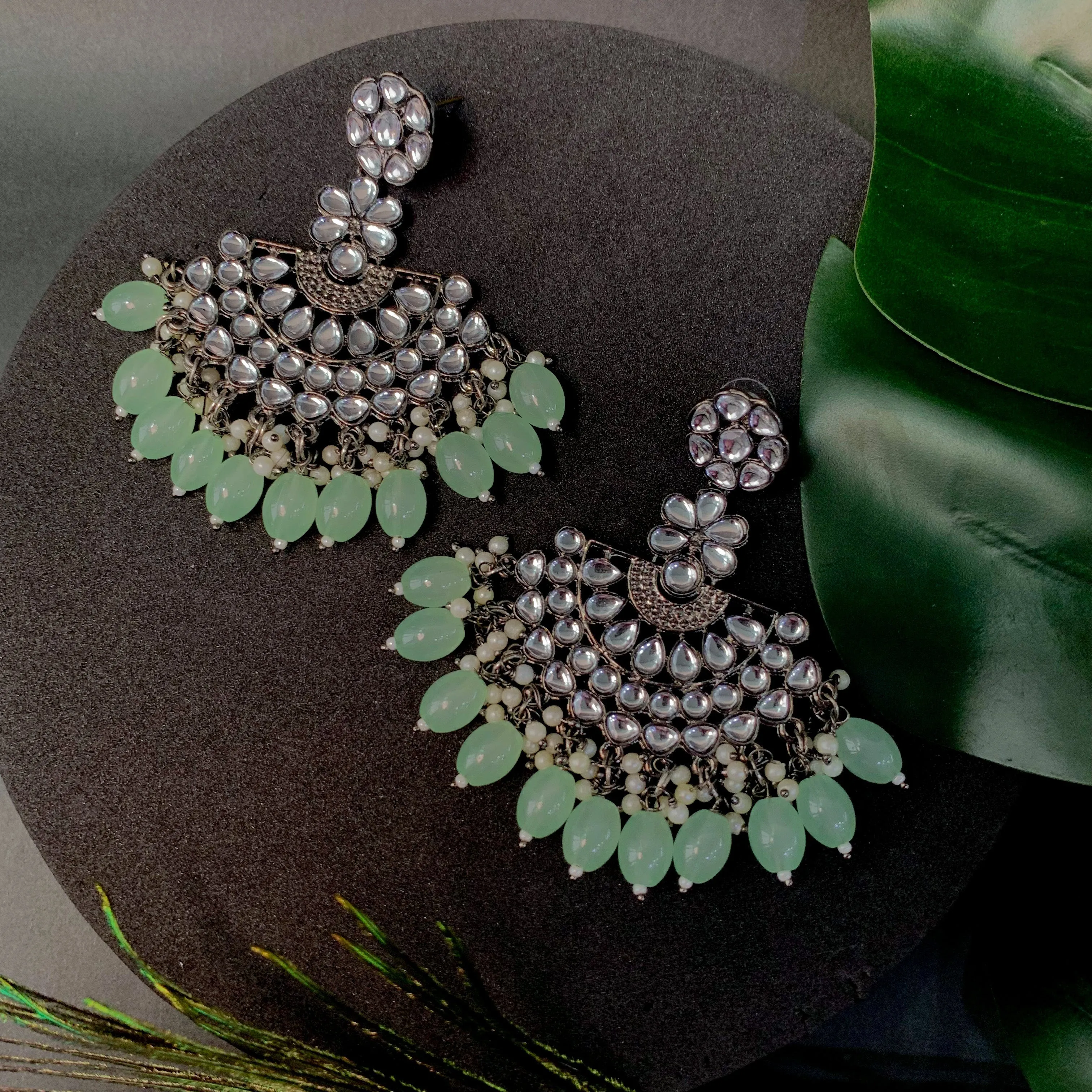 Ethnic Stylish Silver Oxidised Kundan Pearl Chandbali Earrings For Women And Girls