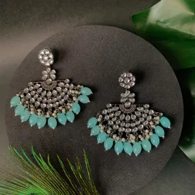 Ethnic Stylish Silver Oxidised Kundan Pearl Chandbali Earrings For Women And Girls