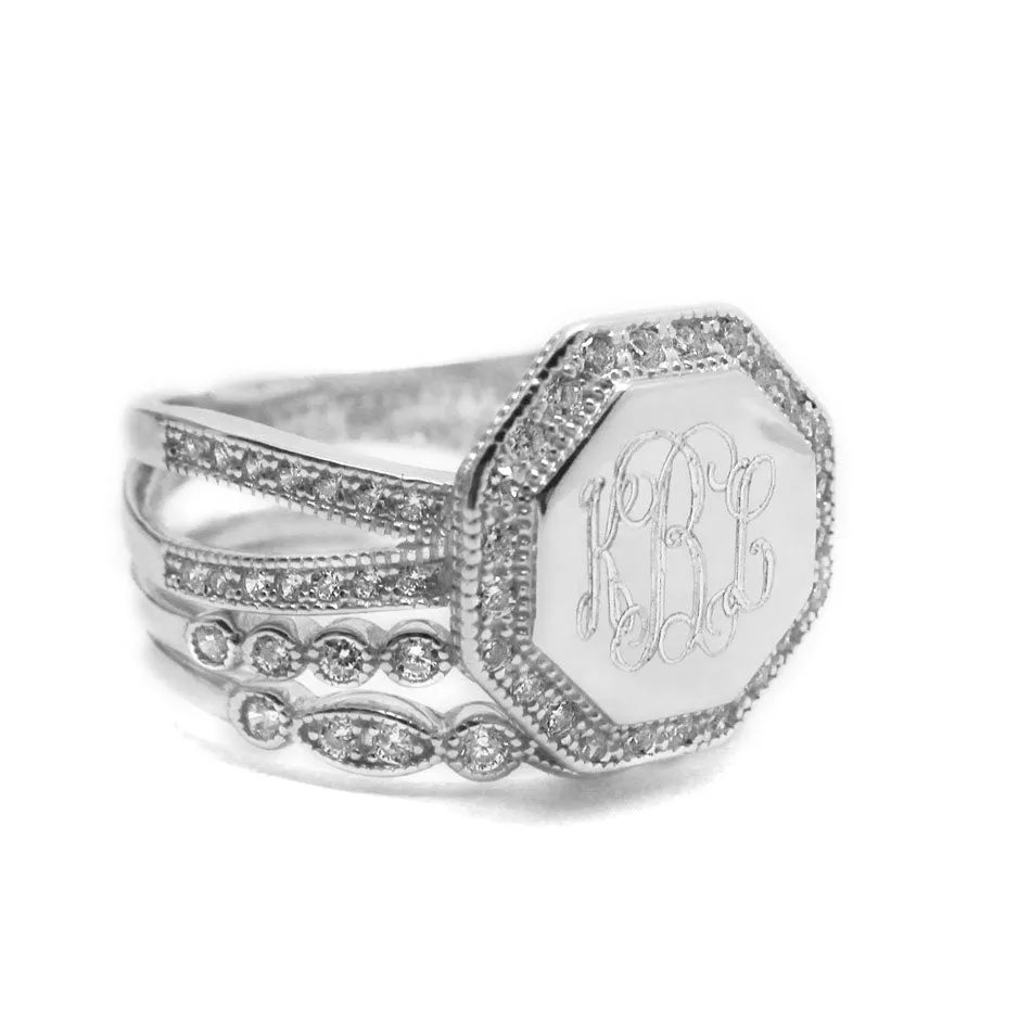 Gold CZ Rimmed Octagon Monogram Stacking Ring