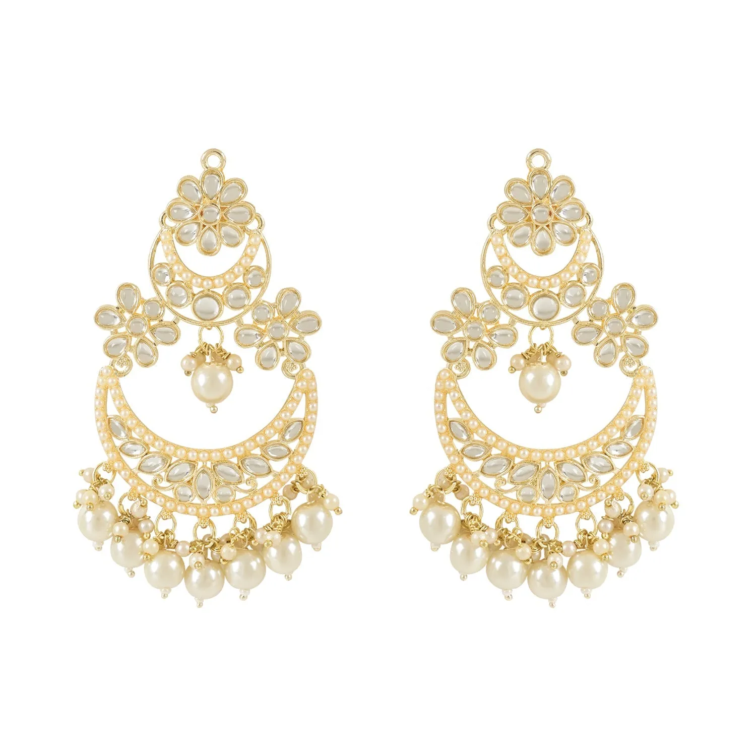 Gold Plated Traditional Handcrafted Pearl Kundan Beaded Chandbali Earrings for Women/Girls