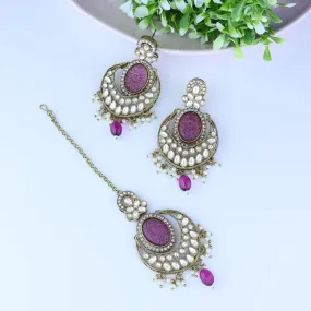 Gold Plated Traditional Pearl Hanging Kundan Stone Chandbali Earring With Maang Tikka For Women/Girls