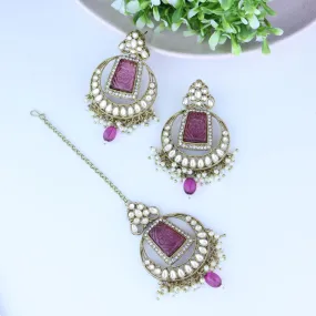 Gold Plated Traditional Pearl Hanging Kundan Stone Chandbali Earring With Maang Tikka For Women/Girls