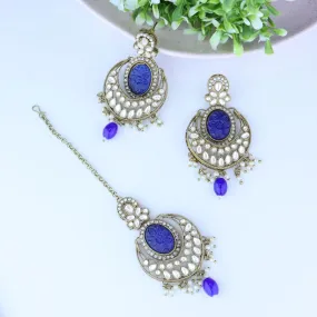 Gold Plated Traditional Pearl Hanging Kundan Stone Chandbali Earring With Maang Tikka For Women/Girls