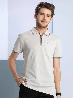 Grey Knit Zipper Tipping Polo T Shirt - HSRK34251_GREY