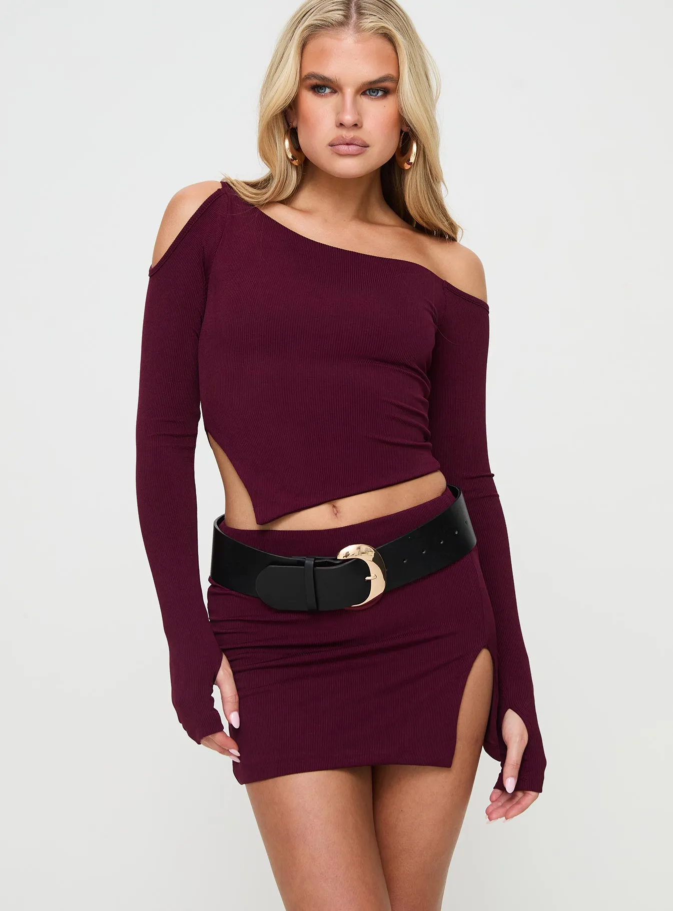 Jalis One Shoulder Set Burgundy