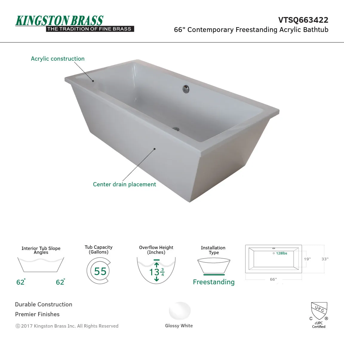 Kingston Brass VTSQ663422 66 Acrylic Rectangular Double Ended Freestanding Tub with Drain, Glossy White