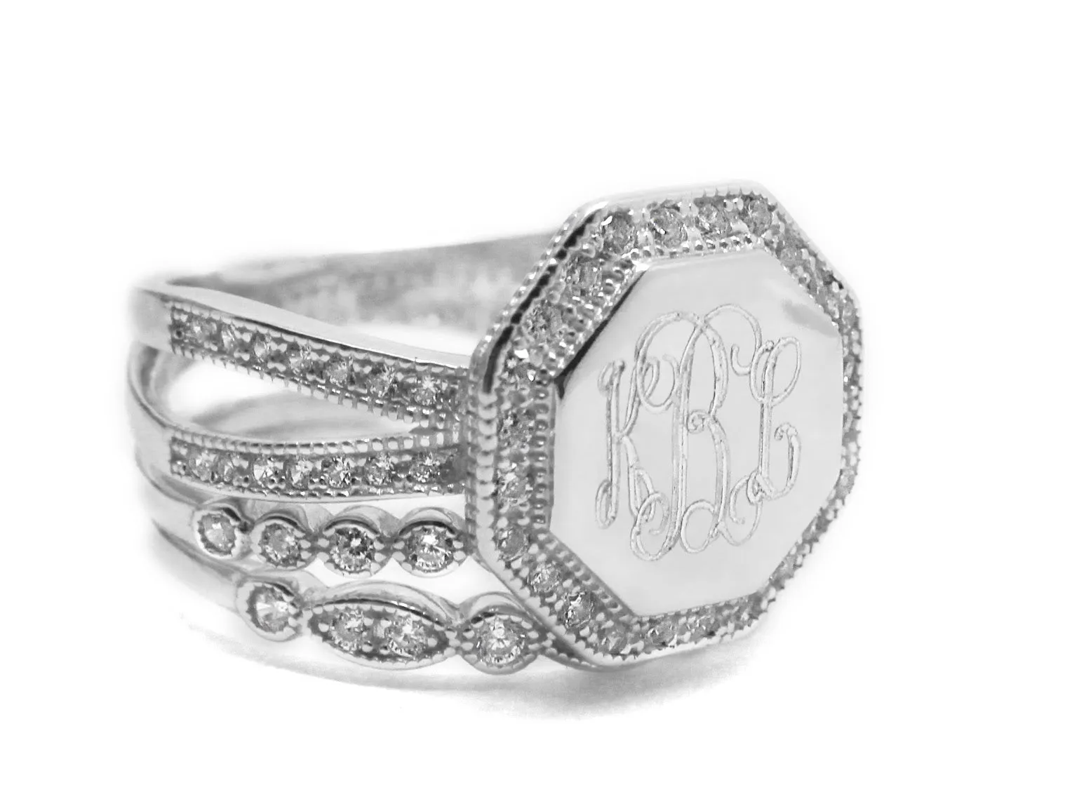 Sterling Silver CZ Rimmed Octagon Monogram Stacking Ring