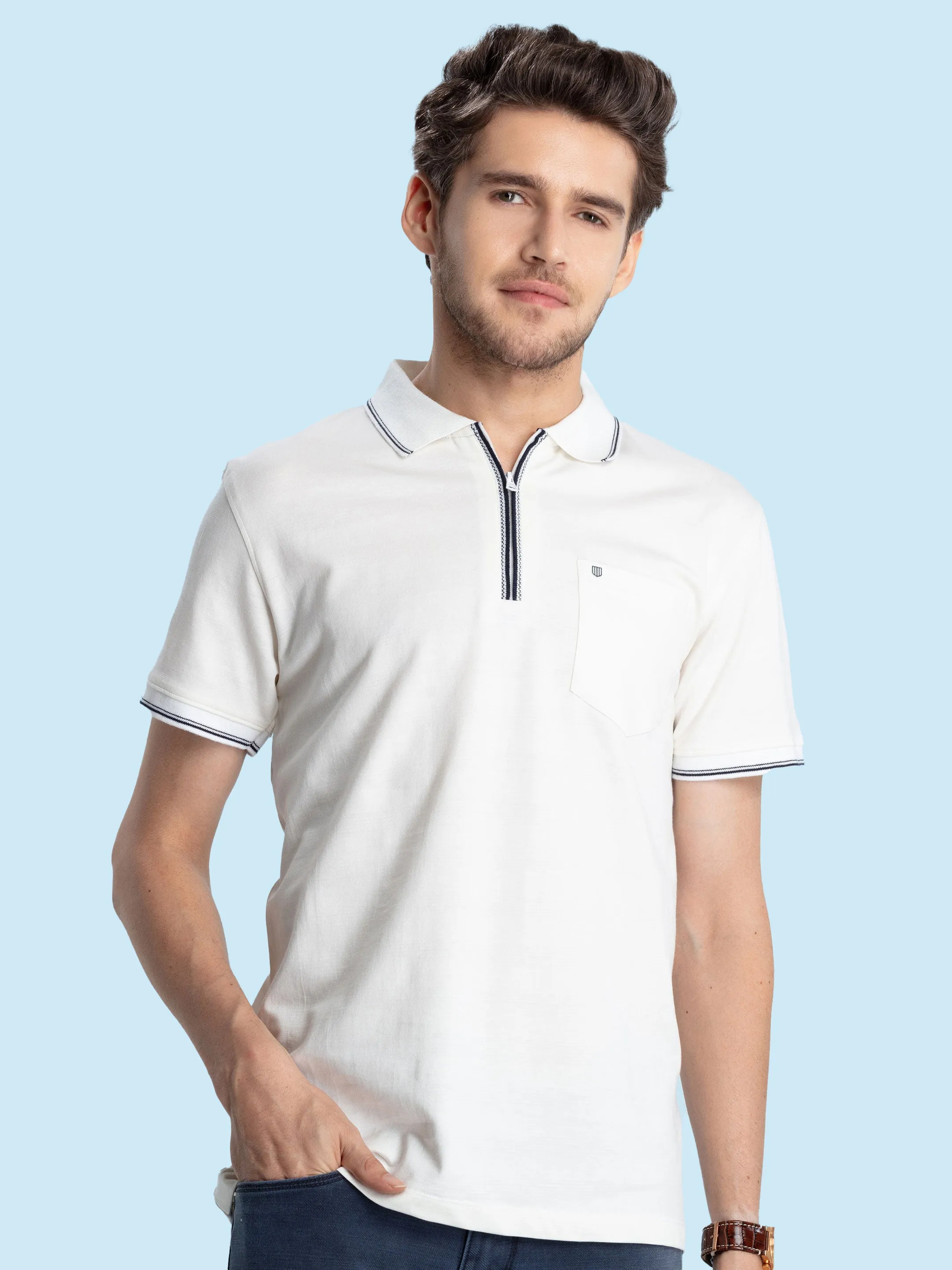 White Knit Zipper Tipping Polo T Shirt - HSRK34251_WHITE